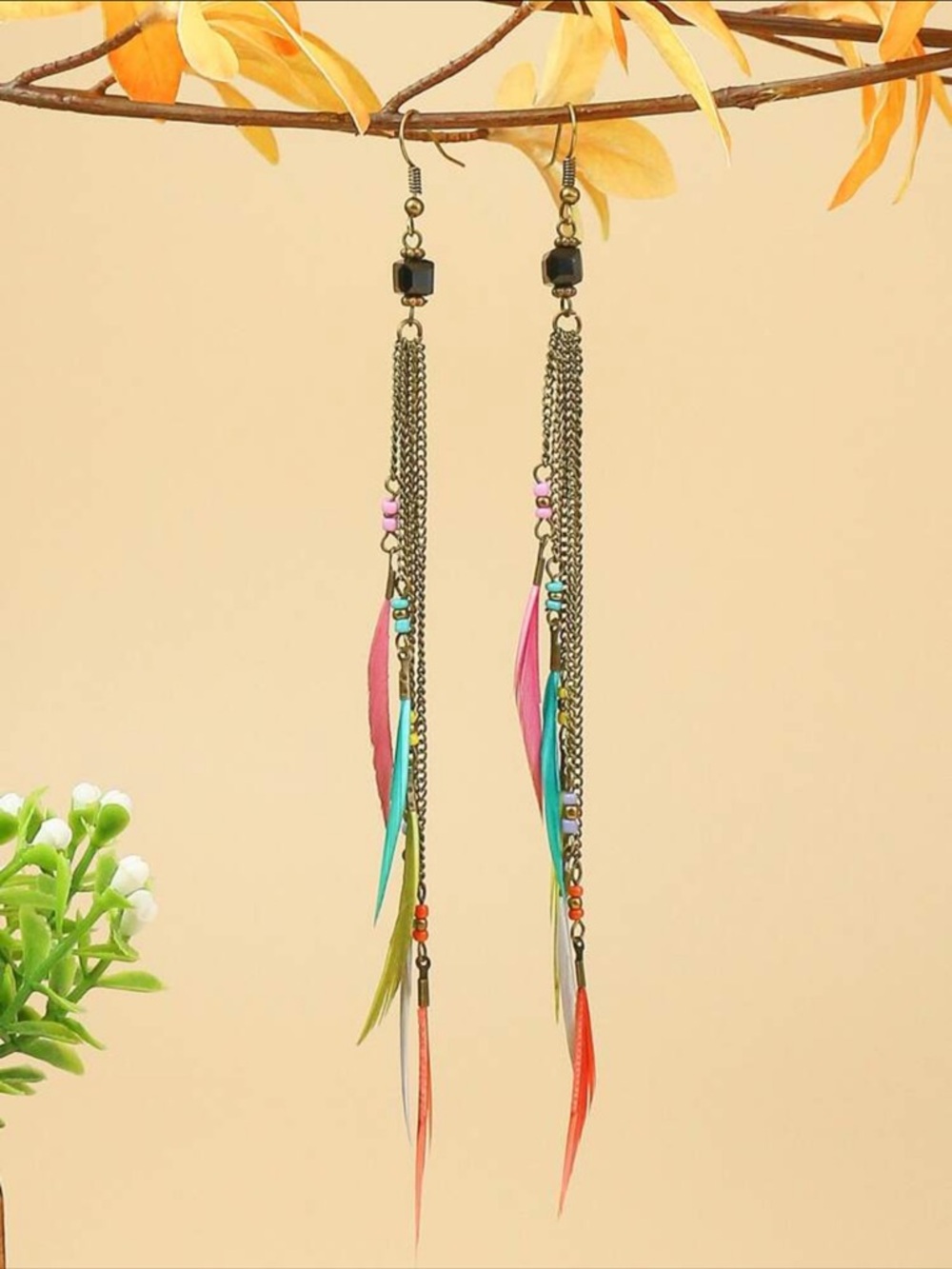 New Multicolor feather and chain tassel earrings